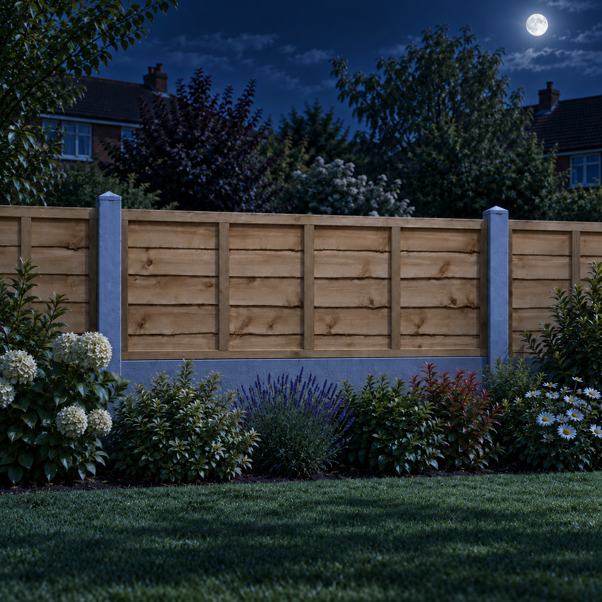Waney Lap Panels Five Bar Fully Framed 6ft x 2ft – night garden view