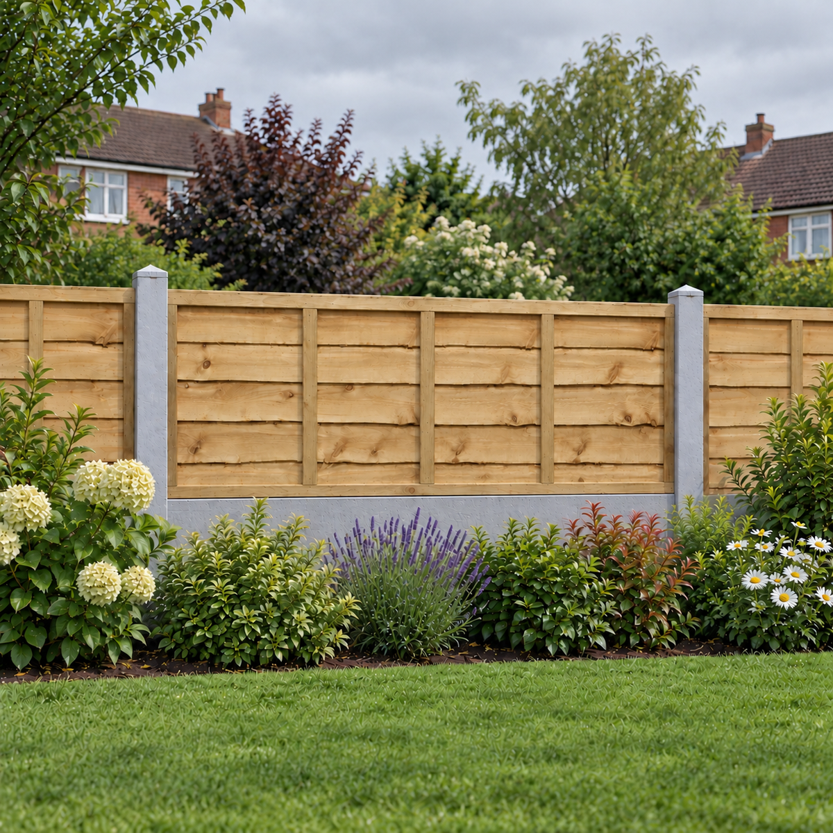 Waney Lap Panels Five Bar Fully Framed 6ft x 2ft – overcast garden view
