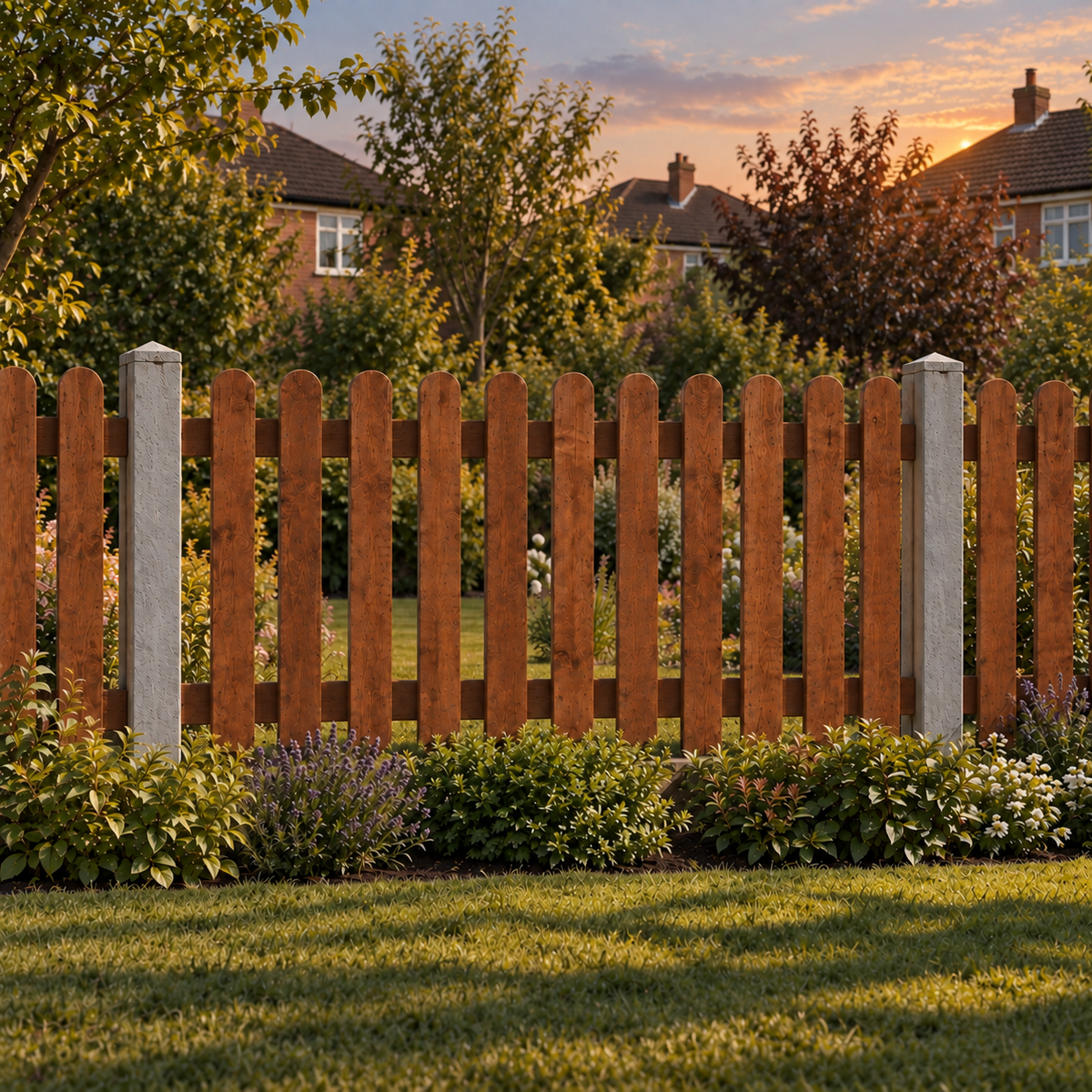 Picket Panels 6ft x 3ft Roundtop – evening garden view