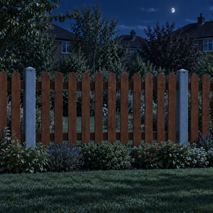 Picket Panels 6ft x 3ft Roundtop – night garden view