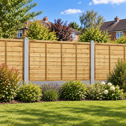 Waney Lap Panels Five Bar Fully Framed 6ft x 3ft – day garden view