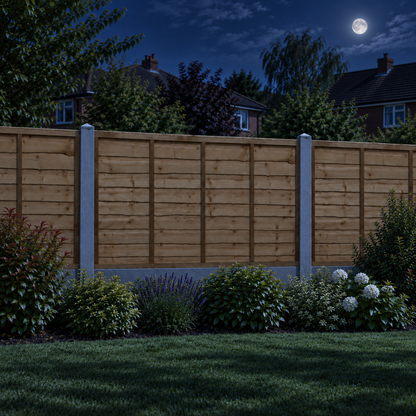 Waney Lap Panels Five Bar Fully Framed 6ft x 3ft – night garden view