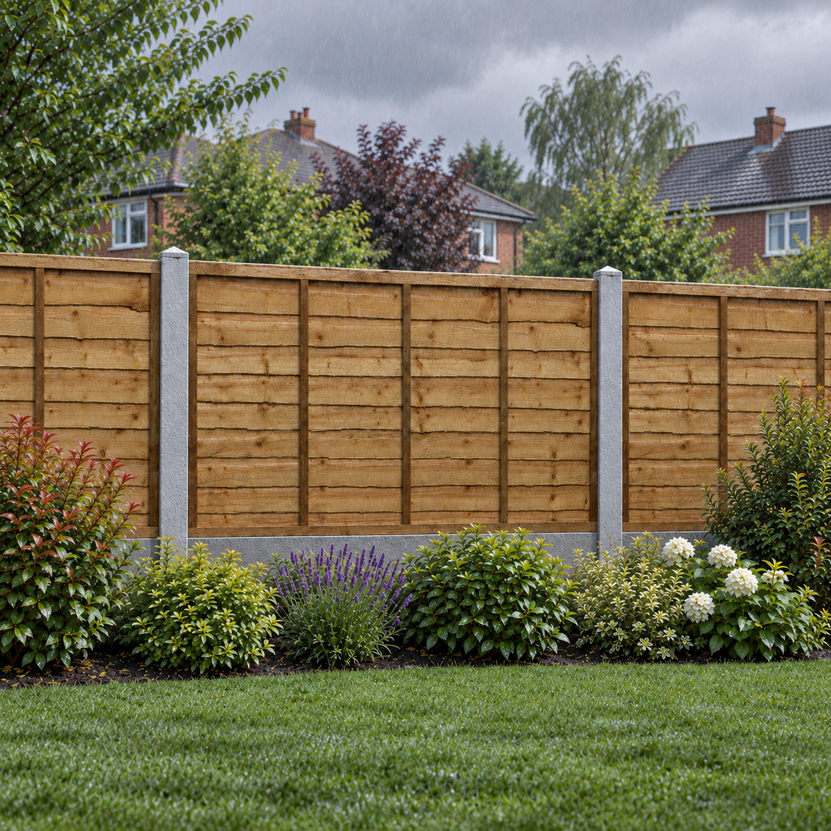 Waney Lap Panels Five Bar Fully Framed 6ft x 3ft – rain garden view