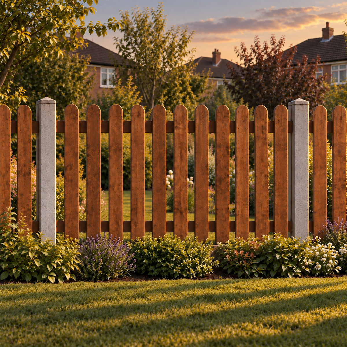Picket Panels 6ft x 4ft Roundtop – evening garden view