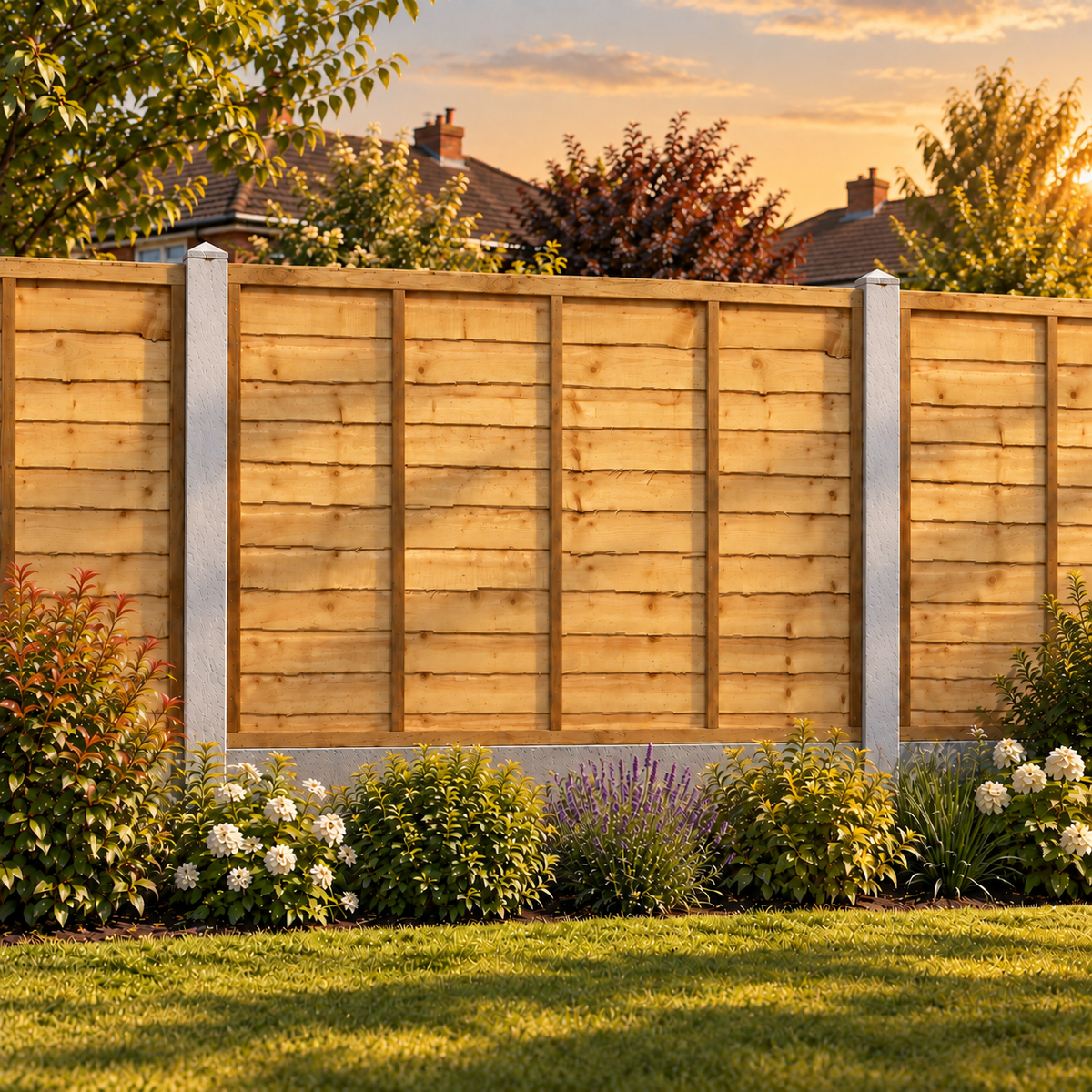 Waney Lap Panels Five Bar Fully Framed 6ft x 4ft – evening garden view