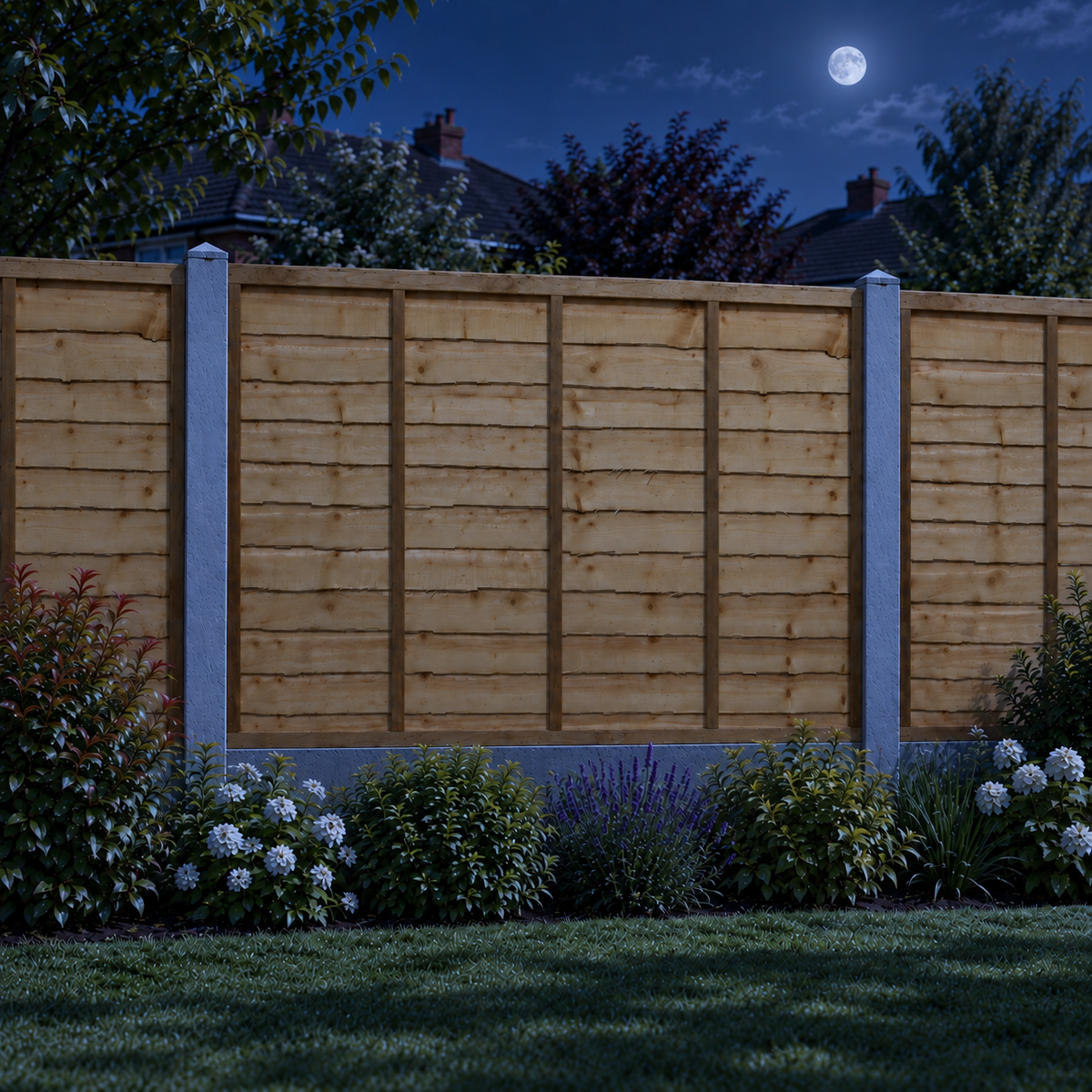 Waney Lap Panels Five Bar Fully Framed 6ft x 4ft – night garden view
