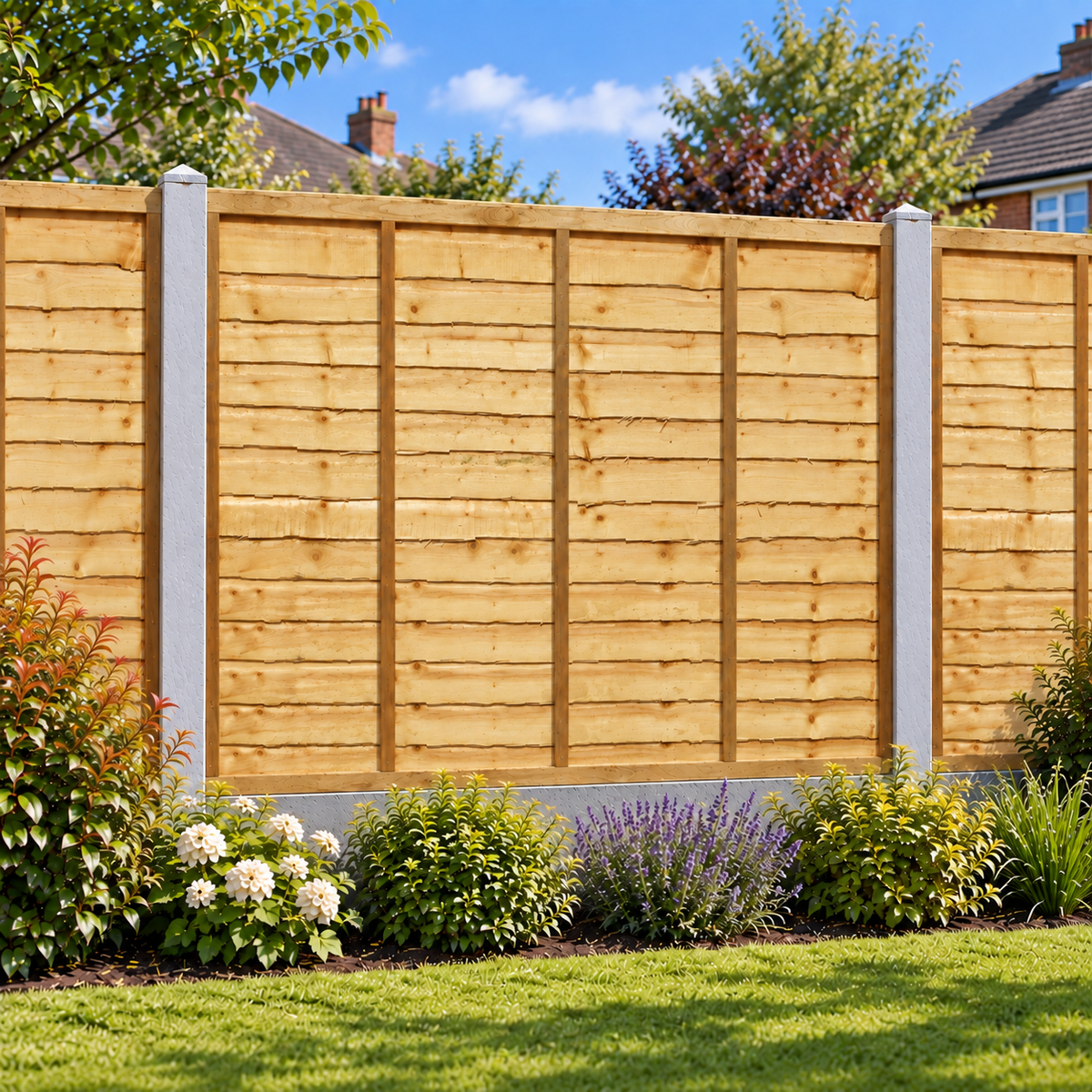 Waney Lap Panels Five Bar Fully Framed 6ft x 5ft – day garden view