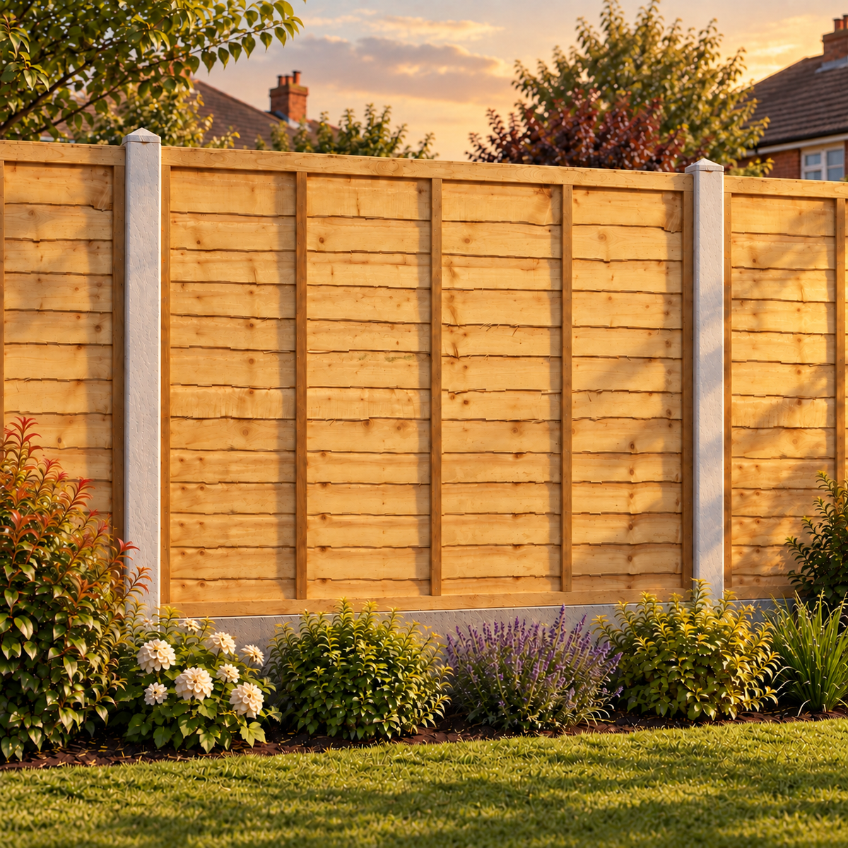 Waney Lap Panels Five Bar Fully Framed 6ft x 5ft – evening garden view