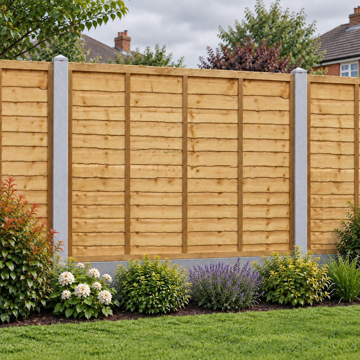 Waney Lap Panels Five Bar Fully Framed 6ft x 5ft – overcast garden view