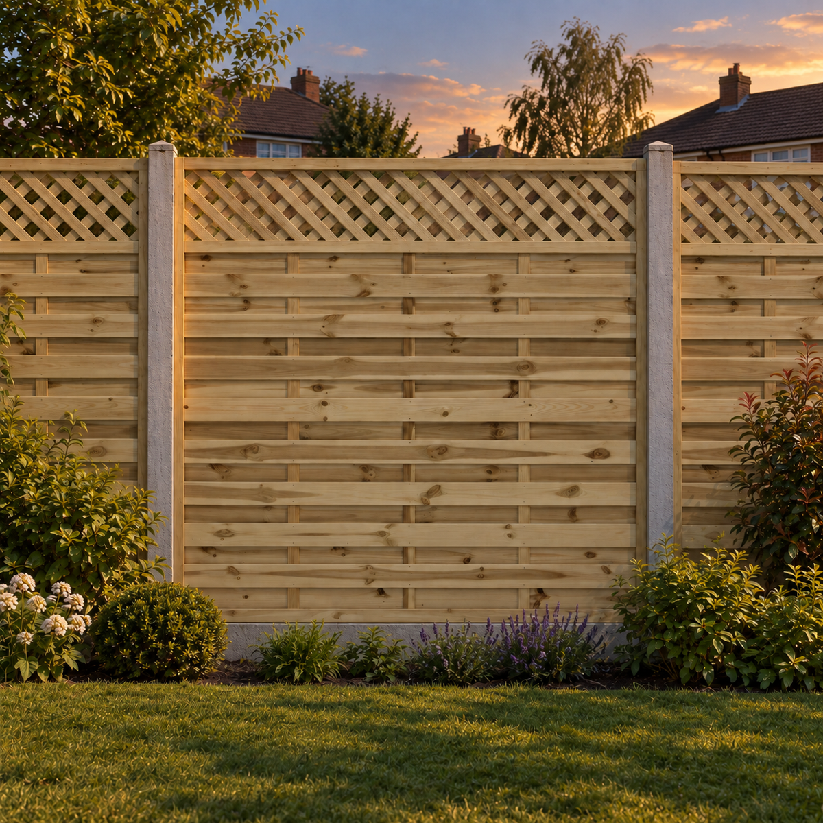 European Panel Model 4 6ft x 6ft 1828x1800 – evening garden view
