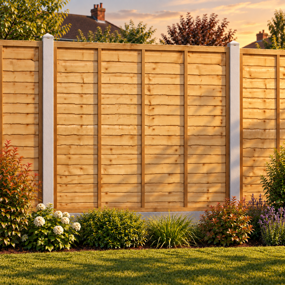 Waney Lap Panels Five Bar Fully Framed 6ft x 6ft – evening garden view