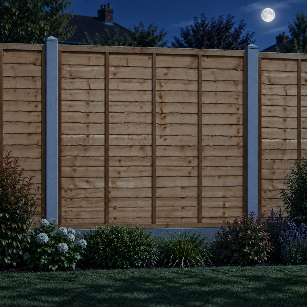 Waney Lap Panels Five Bar Fully Framed 6ft x 6ft – night garden view