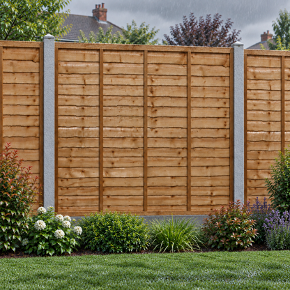 Waney Lap Panels Five Bar Fully Framed 6ft x 6ft – rain garden view