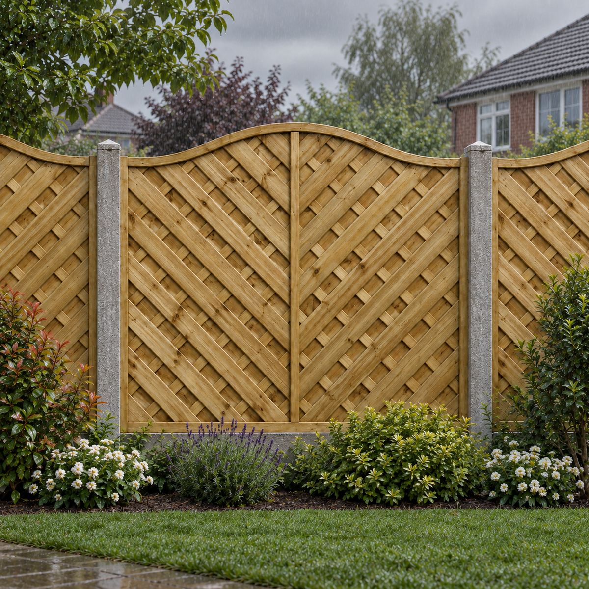 European Panel Model 38, 6 ft wide × 5 ft high, rainy garden