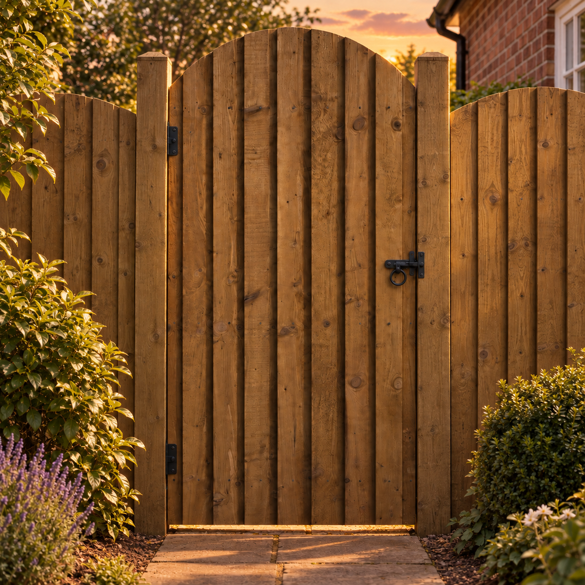 Dome Feather Edge Gate 6ft x 3ft – evening garden view
