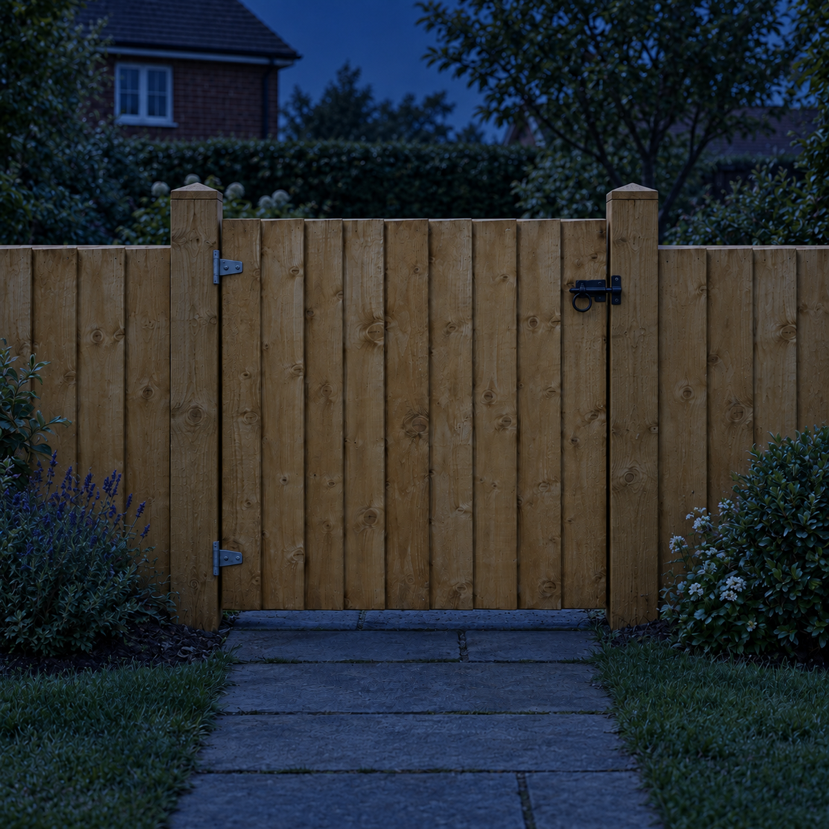 Fully Framed Feather Edge Gate 3ft x 3ft – night garden view