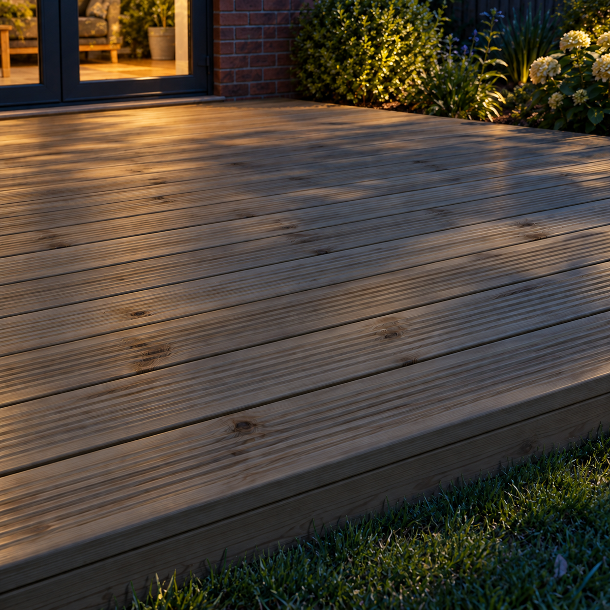 Timber Decking Boards 32mm x 125mm in a garden, night light